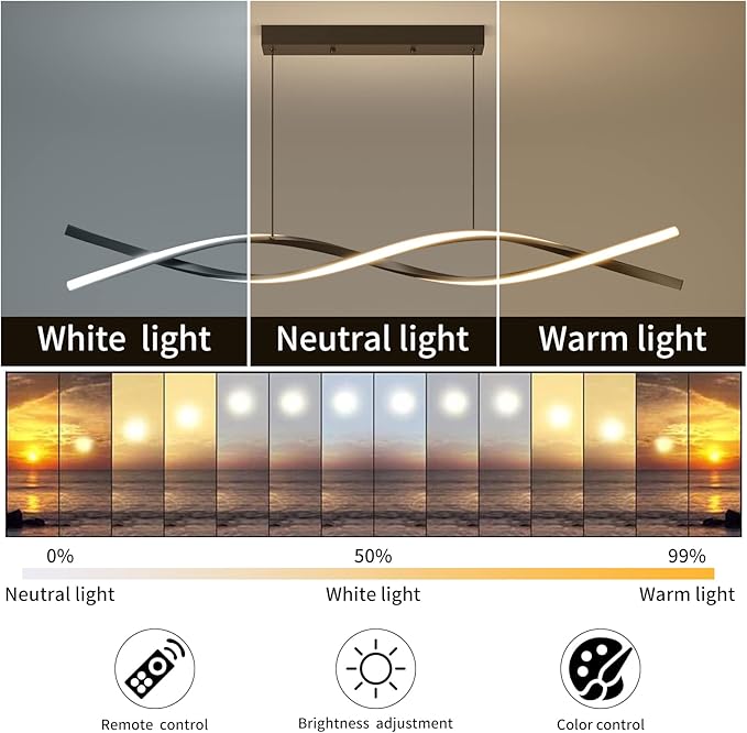 Modern Ceiling Chandelier Light, Acrylic Anti Flicker Pendant Lamp with Remote Control Dimmable 3 Color Mode & Brightness (Warm Cool Neutral Light) for Kitchen Bar Walnut