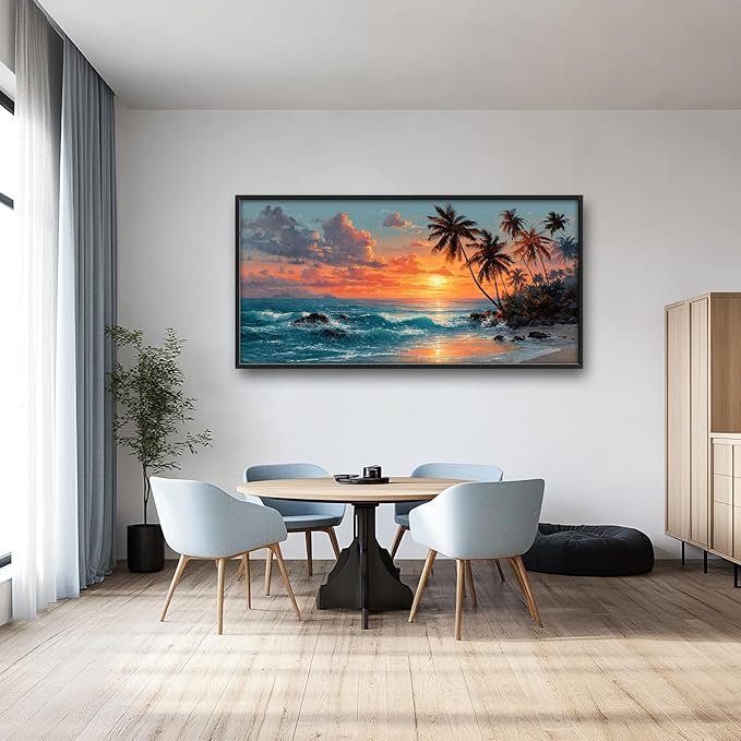 Glocmna Large Wall Art for Living Room Beach Sunset Ocean Waves Wall Decor Tropical Coastal Palm Trees Scenery Canvas Big Seascape Pictures Painting Print Framed Artwork Decorations Gifts for Bedroom Home Office Hotel 30"x60"