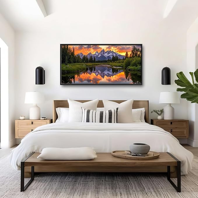 Large Mountain Lake Wall Art for Living Room, Forest Tree Canvas Wall Decor, Sunset Pictures Framed Painting, Natural Landscape Artwork for Bedroom Office 60L'' × 30W''