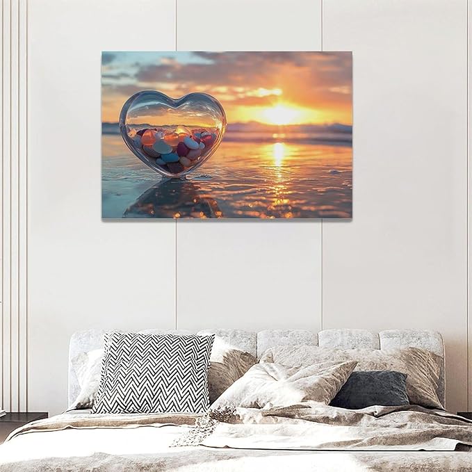 Fleruku Beach Sunset Wall Art Ocean Coastline Wall Decor Natural Scenery Pictures Canvas Painting Artwork Home Decorations for Living Room Bedroom Bathroom Office 24"x16"