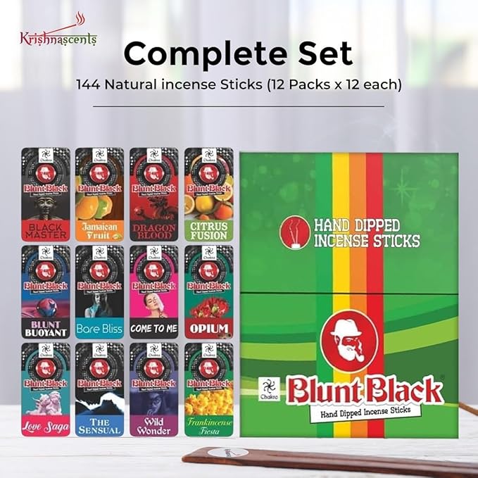 Incense Stick Holder with Blunt Black Hand-Dipped Premium Incense Sticks I 12 Pack Variety Sets, 144 Total | 11" Long Slow-Burning Sticks