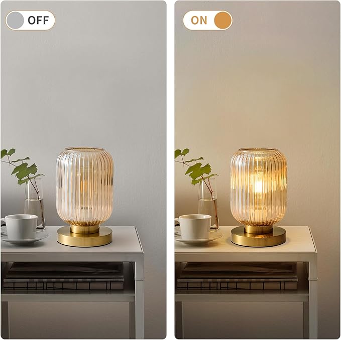 Glass Table Lamps Mid Century Modern Globe, Dimmable Amber Glass Table Lamp for Nightstand, Small Gold Table Lamp, Amber Pumpkin Design Ribbed Vintage Bedside Lamp for Bedroom Living Room Office