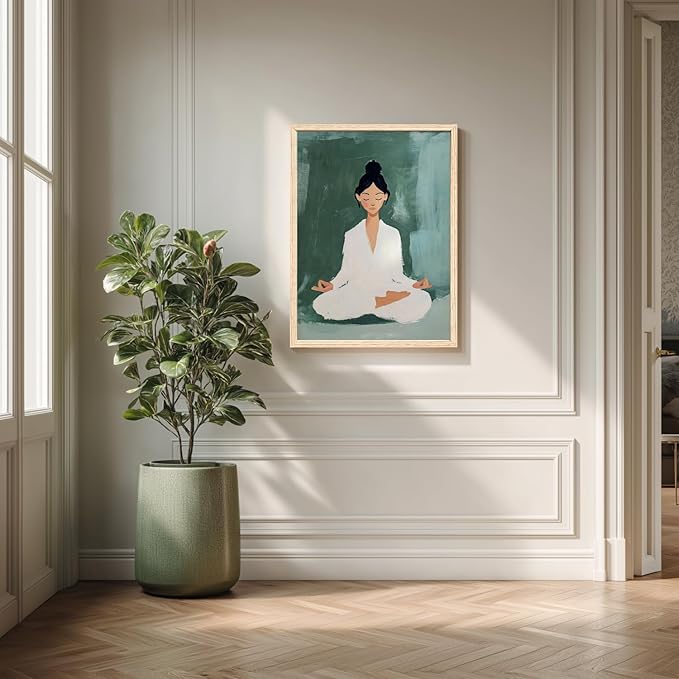 GELDSTEI Wood Framed Zen Wall Art, Tranquil Meditation Wall Decor, Yoga Girl Canvas Painting, Spiritual Aesthetic Picture, Calming Mindfulness Poster Print for Living Room Spa Yoga Studio 16"x24"
