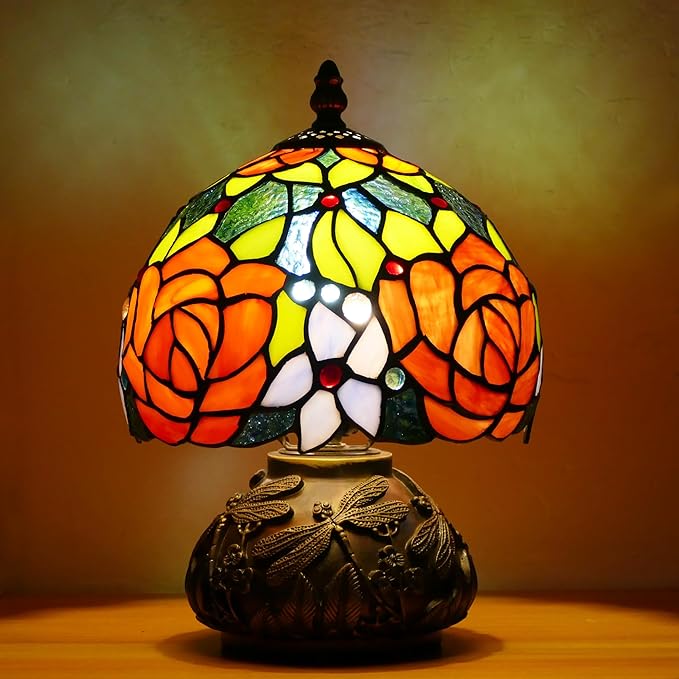 Small Tiffany Lamp Stained Glass Table Lamp Mini Accent Lamp Handmade Mushroom Desk Memory Lamp Sympathy Bedside Night Light 8X11.5 Inch (Red Yellow Rose Style)