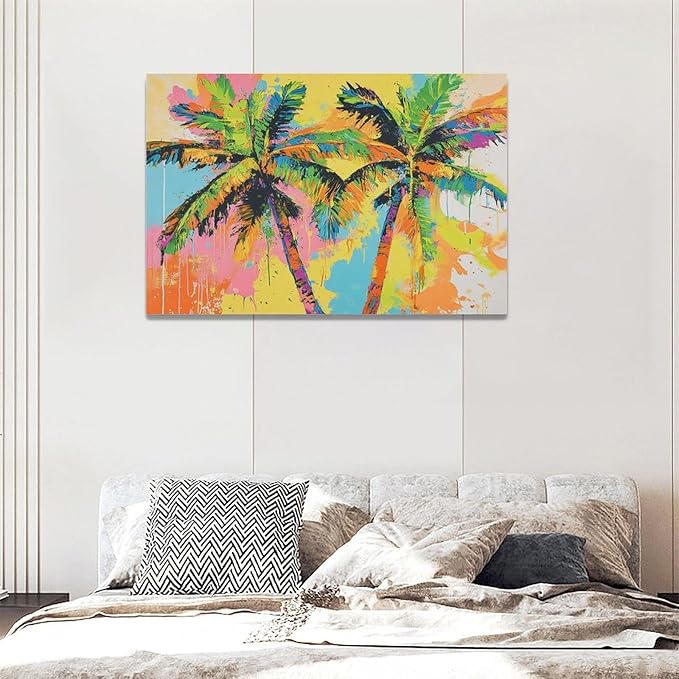 Olivine Tropical Wall Art, Palm Tree Pictures Wall Decor, Graffiti Painting, Colorful Summer Canvas Prints, Framed Artwork for Bathroom Living Room Bedroom Office Home Decoration 24"x16"
