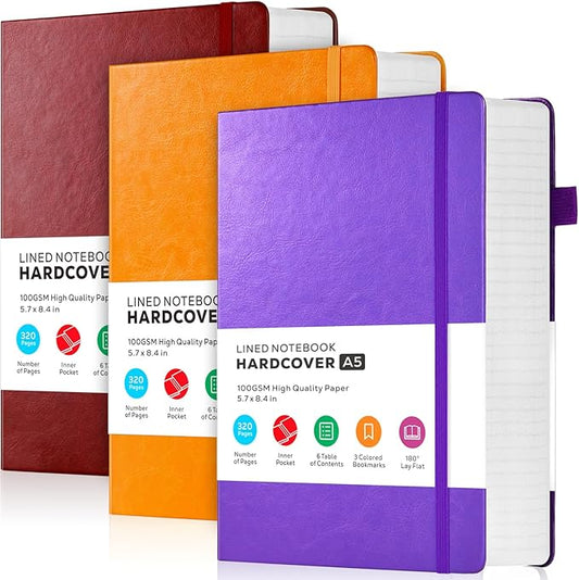 3 Pack Lined Journal Notebooks, A5 Thick Notebook Journal Set for Work Writing, 320 Pages Hardcover Leather Bound Notebook Bulk for Women Men Office School, 5.7'' X 8.4'', Multicolor