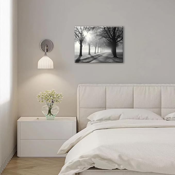 Olivine Tree Wall Art, Black And White Pictures Wall Decor, Mist Forest Painting Nature Lanscape Canvas Prints, Framed Artwork for Bathroom Bedroom Living Room Kitchen Office Home Decoration 16"x12"