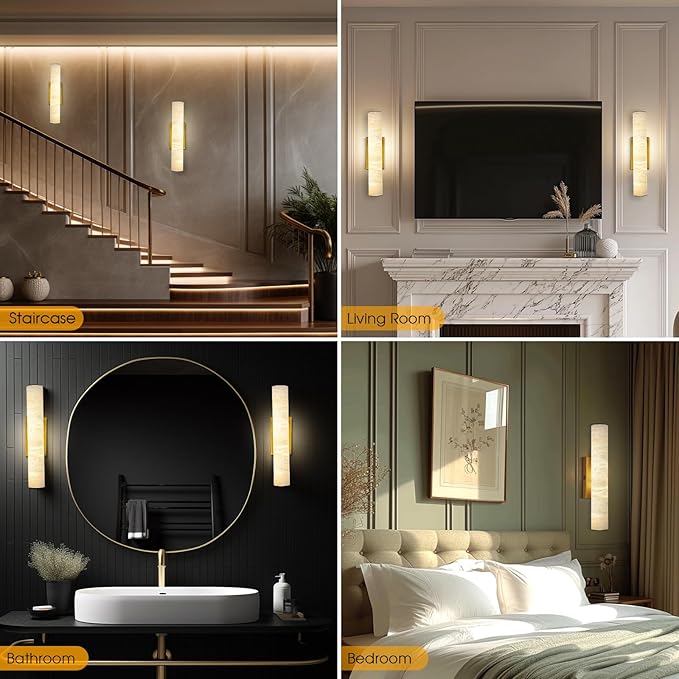Alabaster Wall Sconces Gold, Spanish Natural Marble Wall Sconce, 20" Brass Wall Sconce for Bathroom, Indoor Stone Wall Sconces Dimmable, Alabaster Wall Light for Living Room, Bedroom, Hallway, Stairs