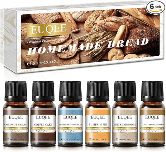 6PCS Premium Fragrance Oils for Homemade Bread-10ml-Pumpkin Pie, Coconut Cream, Snickerdoodle, Coffee Cake, Blueberry Pancakes, Salted Caramel Pumpkin