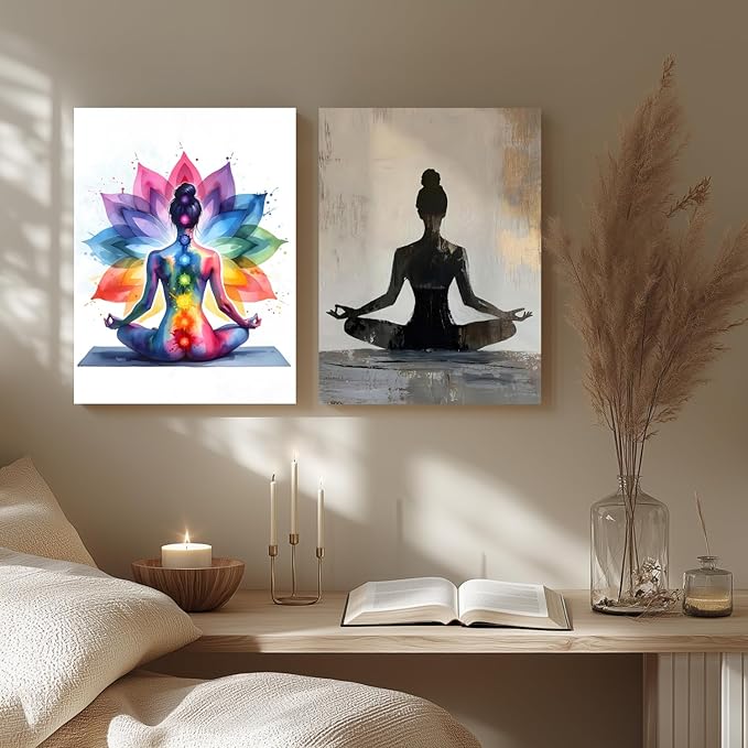GELDSTEI Framed Zen Wall Art, Chakra Yoga Wall Decor, Colorful Meditation Poster Print, Spiritual Canvas Painting, Vibrant Meditating Woman Aesthetic Picture for Living Room Yoga Studio 12"x16"