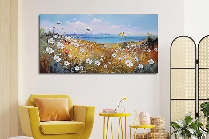 Anolyfi Flower Canvas Wall Art Nature Floral Landscape Textured Painting, White Wildflowers Daisy Butterfly Picture Artwork Large Framed for Living Room Bedroom Bathroom Office Home Decor 40"x20"