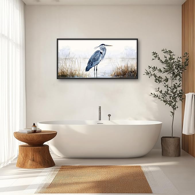 Heron Wall Art Blue Bird Pictures Wall Decor Chinoiserie Coastal Extra Large Canvas Prints Framed Artwork Paintings Home Office Decorations For Living Room Bedroom Dinning Room 60"x30"