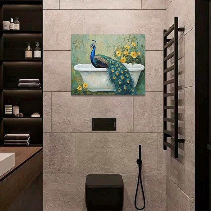 Fleruku Vintage Peacock Wall Art Elegance Bathroom Wall Decor Green Peacock Pictures Canvas Painting Artwork Home Decorations for Living Room Bedroom Office 20"x16"