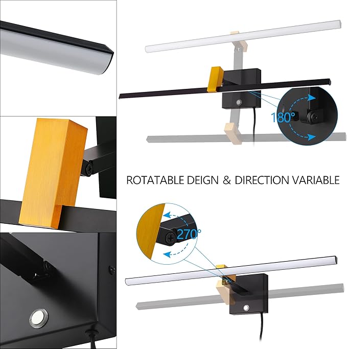 MantoLite LED Dimmable Bathroom Mirror Vanity Light Fixture 24inch 14W Cabinet Picture Wall Lights, Indoor Lightings Wall Sconce with Ajustable Arm Bedside Reading Lamp, Pulg in Display Lamps Black