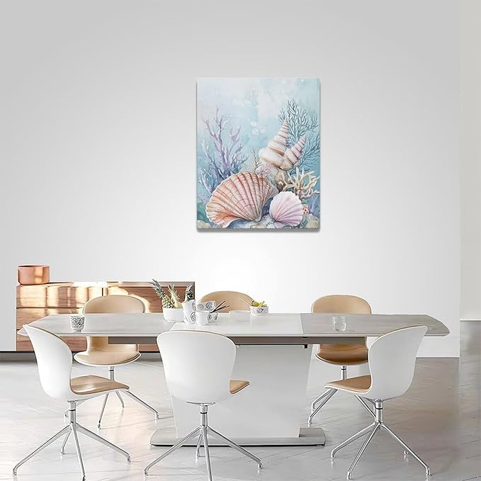 Fleruku Beach Coral Shells Wall Art Nautical Sea Wall Decor Ocean Pictures Canvas Painting Artwork Home Decorations for Living Room Bedroom Bathroom Office Nursery 16"x20"