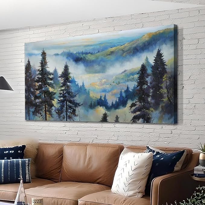 Anolyfi Large Misty Mountain Canvas Wall Art Living Room Foggy Forest Landscape Painting, Nature Pine Tree Scenery Blue Textured Artwork Framed for Bedroom Bathroom Kitchen Office Home Decor 40"x20"
