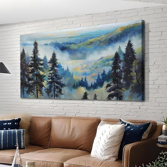 Anolyfi Large Misty Mountain Canvas Wall Art Living Room Foggy Forest Landscape Painting, Nature Pine Tree Scenery Blue Textured Artwork Framed for Bedroom Bathroom Kitchen Office Home Decor 40"x20"