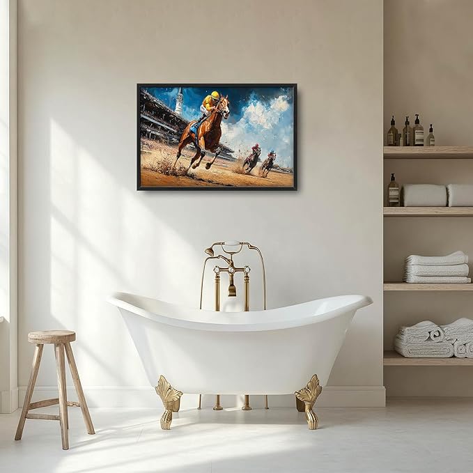 Horse Race Large Wall Art Horse Running Pictures Wall Decor Arena Canvas Animal Print Painting Modern Artwork Home Decoration for Living Room Bathroom Bedroom Office Framed 36"x24"