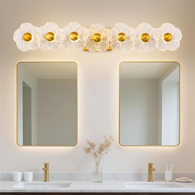 MantoLite Bathroom Light Fixtures Modern Vanity Over Mirror Adjustable 3000K-6000K Picture Lights Art Light with Floral Clear Glass Shades for Living Room Bedroom Wall Sconces (7 Gold)