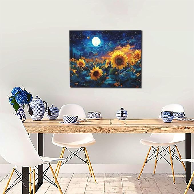 Sunflower Canvas Wall Art Starry Night Pictures Painting Yellow Floral Wall Decor Prints Framed Artwork Decoration for Living Room Bedroom Bathroom Dining Room Office 16"x20"