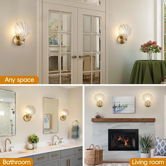 Gold Wall Sconces for Bathroom, Vanity Light Fixtures, Modern Sconces Wall Lights with Clear Shell Shaped Glass Shades, Bathroom Light Fixtures for Living Room, Bedroom, Hallway, mirror, Kitchen, E12