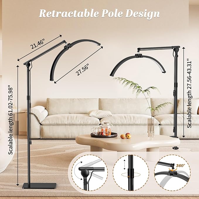 Esthetician Light, 3-Color Dimmable Lash Lamp, 308 LED Beads Shadowless Half Moon Light, Lash Foldable Floor Lamp with 360° Rotation for Beauty, Tattoo, Spotlight, Reading