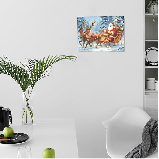 Santa Claus Christmas Wall Art Winter Santa Claus Reindeer Canvas Wall Decor Winter Christmas Pictures Painting Artwork Decoration Framed Gifts for Women Girl Bedroom Living Room Dining Office 12"x16"