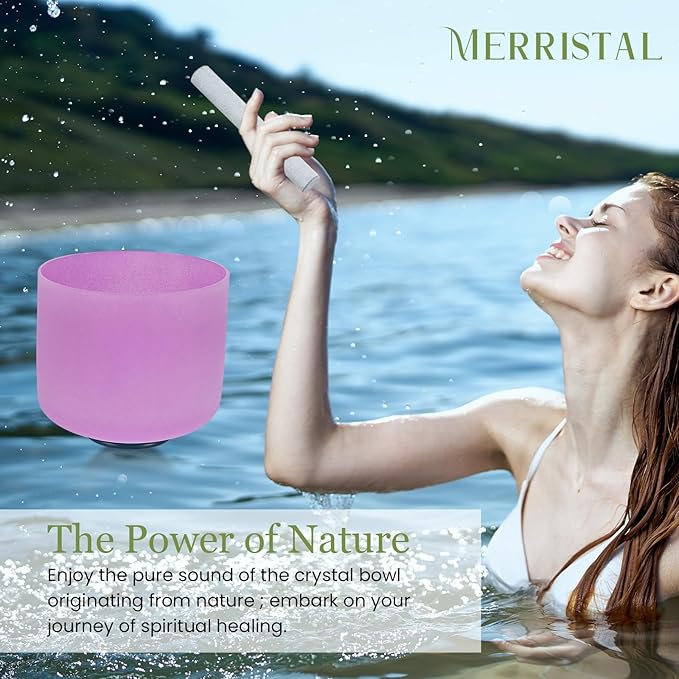 432HZ 8 Inchs B Note Purple Frosted Crystal Singing Bowl for Meditation Healing Yoga Chakra Quartz Crystal Sound Bowls with Heavy Duty Carry Case and Rubber Mallet,Suede Striker,O-ring