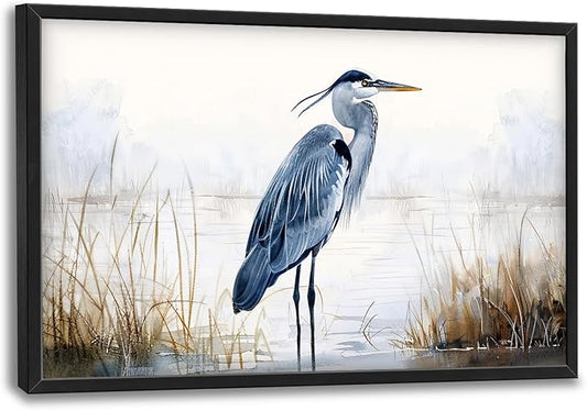 Heron Wall Art Blue Bird Pictures Wall Decor Chinoiserie Coastal Extra Large Canvas Prints Framed Artwork Paintings Home Office Decorations For Living Room Bedroom Dinning Room 36"x24"