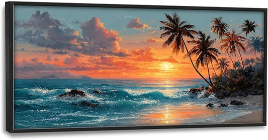 Glocmna Large Wall Art for Living Room Beach Sunset Ocean Waves Wall Decor Tropical Coastal Palm Trees Scenery Canvas Big Seascape Pictures Painting Print Framed Artwork Decorations Gifts for Bedroom Home Office Hotel 30"x60"