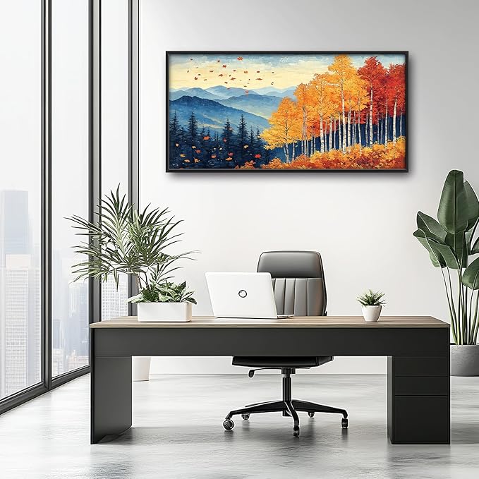 Fall Maple Leaf Large Wall Art Autumn Leaves Pictures Wall Decor Mountain Canvas Landscape Painting Modern Artwork Home Decoration for Living Room Bathroom Bedroom Office Framed 60"x30"