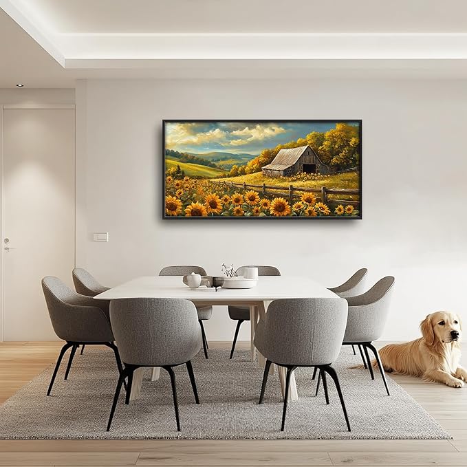 SweetFox Extra Large Barn Sunflower Framed Wall Art for Living Room, Farmhouse Barn Pictures Oversized Wall Decor Abstract Big Canvas Painting Print Artworks for Bathroom Master Bedroom 60L X 30W