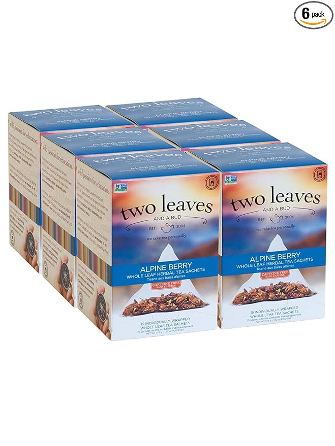 Two Leaves and a Bud Alpine Berry Herbal Tea Bags, Naturally Caffeine Free, Whole Leaf Herbal Tea with Hibiscus in Sachets, 15 Count (Pack of 6)