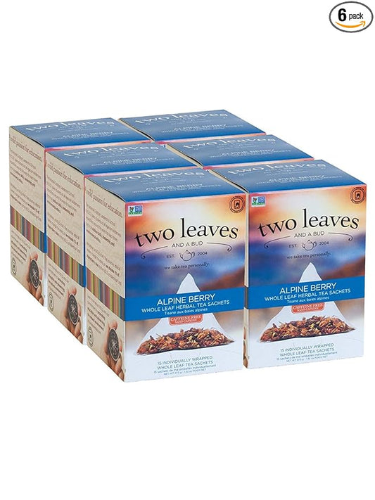 Two Leaves and a Bud Alpine Berry Herbal Tea Bags, Naturally Caffeine Free, Whole Leaf Herbal Tea with Hibiscus in Sachets, 15 Count (Pack of 6)