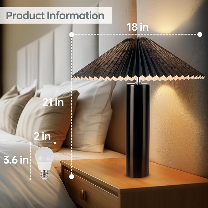 Elegant 45° Rotatable Ceramic Table Lamp (A15 Bulb Included), Pleated Flexible Light, Angle Control for Home, Office, Bedroom Decor - Modern Stylish Desk Lamp, Black