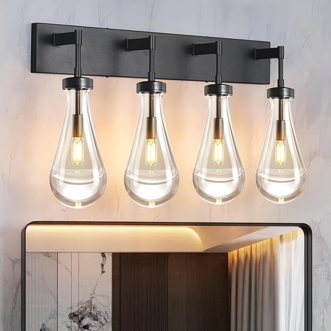 Raindrop Wall Sconces Black Crystal Sconces Wall Decor Modern Brass Lighting Glass Bathroom Sconces Indoor Vanity Light Wall Lamp for Bedroom Living Room Stair(4-Light)