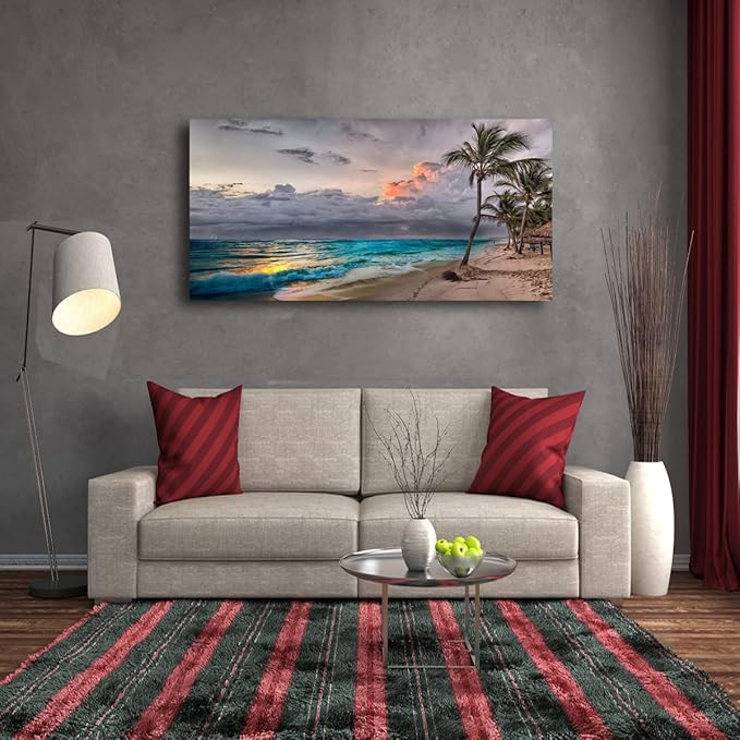 Beach Themed Wall Art Canvas Prints Seascape Poster Bathroom Décor Ocean Coconut Tree Landscape Paintings for Bedroom Dining Room Home Kitchen Decorations Natural Artwork 24x48 Picture Frame Wood