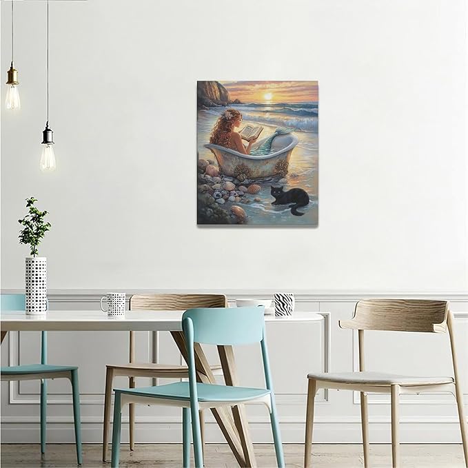 Mermaid Wall Art Beach Coastal Nautical Wall Decor Sunset Cat Pictures Canvas Painting Framed Artwork Home Decorations for Bathroom Living Room Bedroom Office 20"x24"