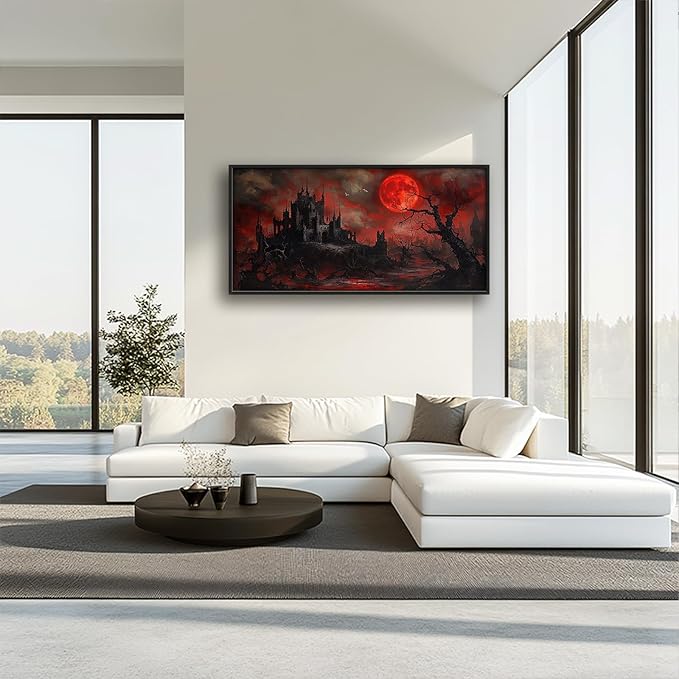 Large Gothic Spooky Haunted House Framed Wall Art for Living Room Dark Academia Castle Pictures Wall Decor Goth Print Painting Artwork Home Decorations for Gothic Room Bedroom Office 60x30 inch