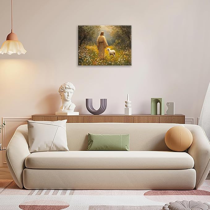 Olivine Christian Wall Art, Jesus Pictures Wall Decor, Lamb Painting, The Lost Sheep Canvas Prints, Framed Artwork for Kitchen Bathroom Bedroom Living Room Office Home Decoration 24"x20"