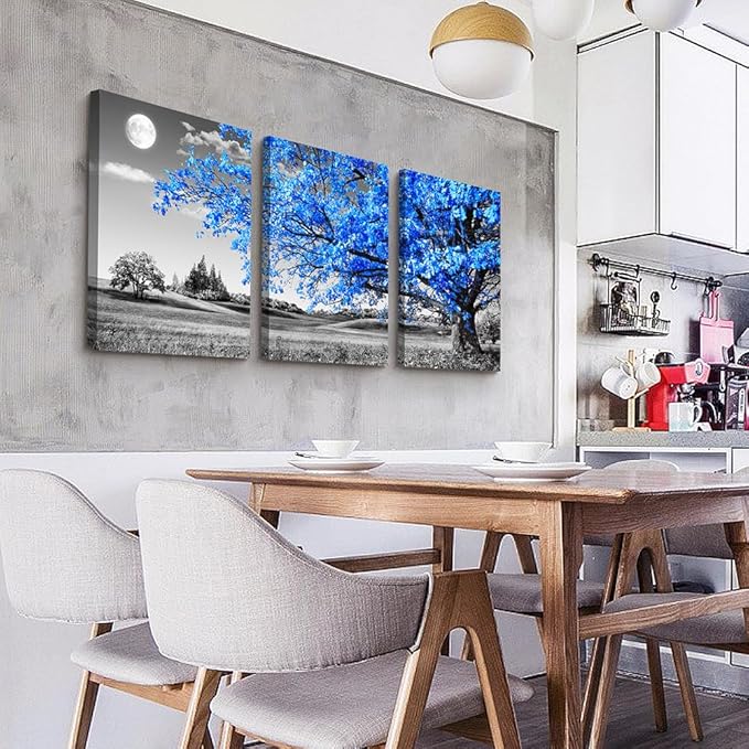 DZRWUBHS Canvas Wall Art For Living Room Modern Decor For Office Black And White Blue Tree Wall Painting Scenery Home Decor Prints Art 16" X 24" 3 Piece
