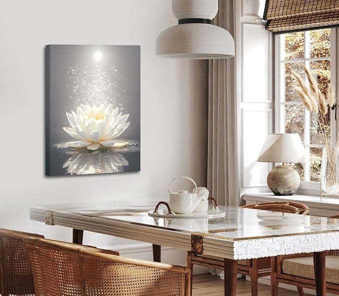Framed Lotus Floral Pictures Wall Art for Zen Office Decor Meditation Poster,Lotus Floral Wall Art,White Lotus Print,Lotus Flower Bloom in Water Picture Bathroom Decor(12"x16")