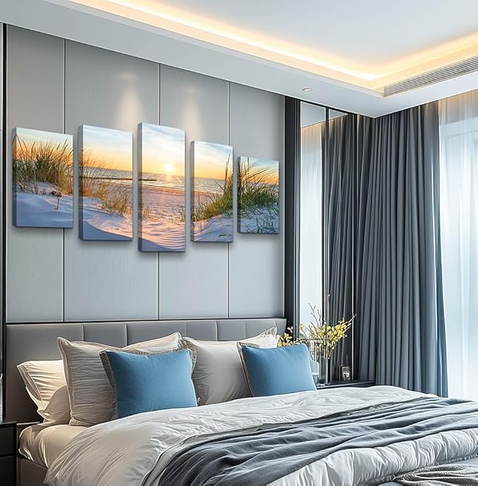 Canvas Wall Art For Living Room Large Size Wall Decor For Bedrooms Beach Grass Blue Ocean Landscape Painting Office Wall Decorations Seascape Print Canvas Pictures Artwork Home Decor Works 5 Piece