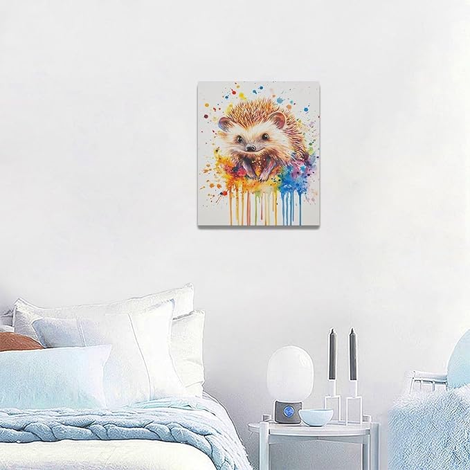 Fleruku Watercolor Hedgehog Wall Art Colorful Hedgehog Wall Decor Cute Animal Pictures Canvas Painting Artwork Home Decorations for Living Room Bedroom Bathroom Office Nursery Classroom 20"x24"