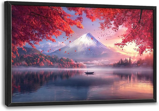 Japanese Mountain Lake Large Wall Art Pink Japan Pictures Wall Decor Nature Landscape Big Canvas Painting Prints Framed Artwork Home Decorations Above Bed for Bedroom Living Room Dining Room 36"x24"