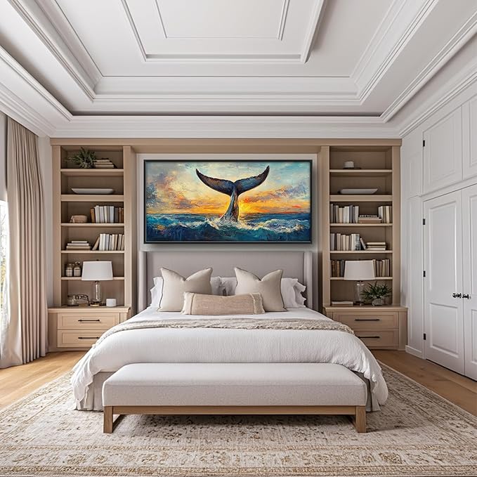 SweetFox Extra Large Whale Tail Framed Wall Art for Living Room, Coastal Ocean Whale Pictures Oversized Wall Decor Abstract Big Canvas Painting Print Artworks for Bathroom Master Bedroom 60L X 30W