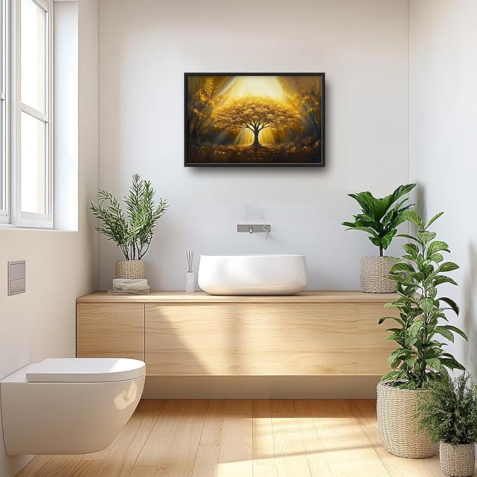 SweetFox Extra Large Tree of Life Framed Wall Art for Living Room, Golden Tree Forest Pictures Oversized Wall Decor Abstract Canvas Painting Print Artwork for Bathroom Master Bedroom 36L X 24W