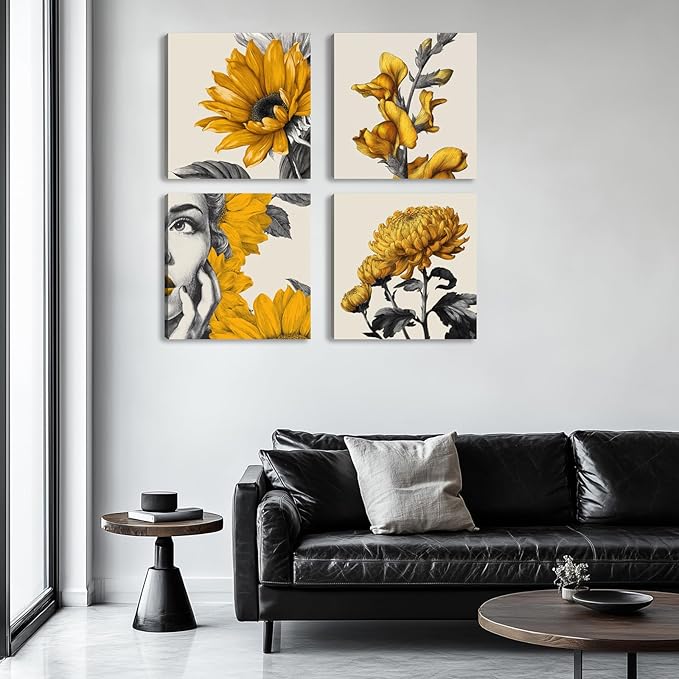 Framed Botanical Wall Art for Living Room Rustic Boho Yellow Flower Canvas Paintings Minimalist Floral Prints for Bedroom Dining Room Hallway Bathroom Office Wall Decor Artwork for Wall