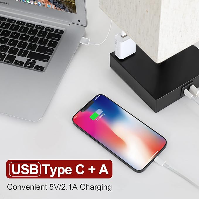 Bedside Table Lamp for Bedroom - Touch Small Lamp with USB C+A Charging Ports & AC Outlets, 3 Way Dimmable Nightstand Light for Living Room (LED Bulb Included, Flaxen)