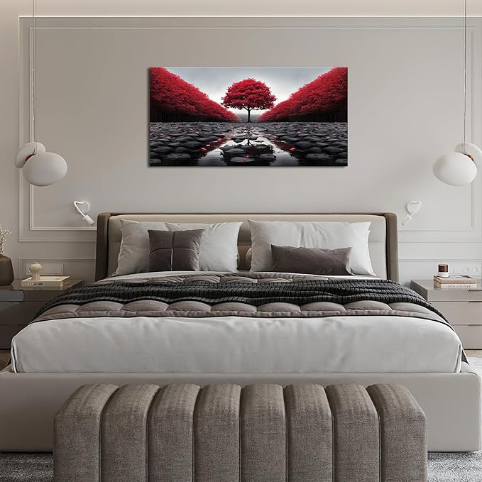 Red Tree Wall Art Tree of Life Large Zen Pictures Wall Decor Black and White Stone Canvas Prints Modern Framed Artwork for Living Room Bathroom Bedroom Office Spa Yoga 60"x30"